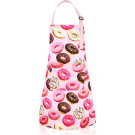 TOPWAYS Kids Aprons, Adjustable Children Chef Apron Outfit Costume with 2 Pockets, Kitchen Apron for Baking Cooking Painting (Pink Donut, L)