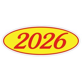 2026 Model Year Oval Window Stickers, Red on Yellow, Vinyl, 12-Pack, Waterproof Car Dealership Decals