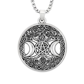 HAQUIL Pagan Witch Triple Moon Goddess Tree of Life Pentacle Amulet Pendant Necklace, Box Chain, Wiccan Jewelry Gift