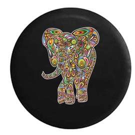 Funny Spare Tire Wheel Cover for Camper SUV Trailer Truck RV JP Thick PVC Leather | African Elephant Psychedelic Hippie Good Luck Black 33 Inch