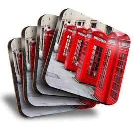 Destination Vinyl ltd Great Coasters (Set of 4) Square - Red Telephone Boxes British Drink Glossy Coasters/Tabletop Protection for Any Table Type #14477