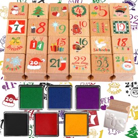 DPKOW 1-24 Stamps Advent Calendar Numbers Made of Wood, Christmas Calendar Stamps for Crafts with Ink Pad, 6 Pieces, German Numbers Stamps for Advent Calendar, DIY Advent Calendar