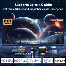 THANDBLE 4K Mini DisplayPort to HDMI Adapter, UHD 4K 60Hz Mini DP to HDMI Adapter, Thunderbolt 2 to HDMI Compatible for MacBook Air/Pro, Mac iMac/Pro, Surface Pro/Dock, Monitor, Projector