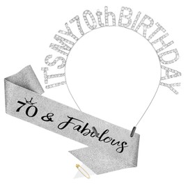 BAHABY 70th Birthday Decorations 70th Birthday Sash & Headband Set 70th Birthday Gifts for Women Happy Birthday- Silver