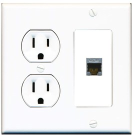 15 Amp Round Power Outlet 1 Port Cat6a Shielded Ethernet Wall Plate White