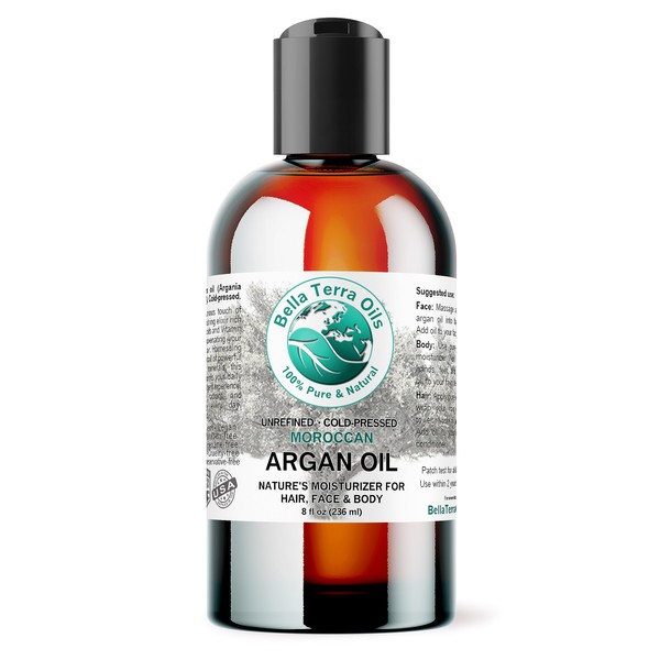 Bella Terra Oils - Argan Oil 8oz - Pure Moroccan Elixir, Enhances Shine in Hair, Deeply Nourishes Skin, Perfect Oil for Curly Hair