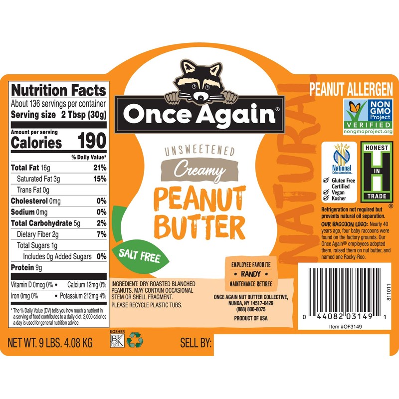 Once Again Natural, Creamy Peanut Butter, 9lb Bucket (same as