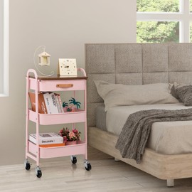 AGTEK Makeup Organizer Cart with Drawer, 3-Tier Metal Utility Cart with Hanging Cups, Leather Handle, Mobile Trolley for Home & Office, Pink