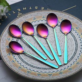 Berglander Rainbow Teaspoon, 16 cm, Set of 6, Stainless Steel Titanium Shiny Mutil-Colour Plating Teaspoon Cutlery, Colourful Teaspoon, Small Dessert Spoon, Tea Spoon,