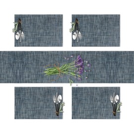 CK Home Demin Basketweave Table Runner (72" x12") & 4 Placemats (18" x12") Set of 5, Washable Woven Vinyl for Indoor/Outdoor, Blue.