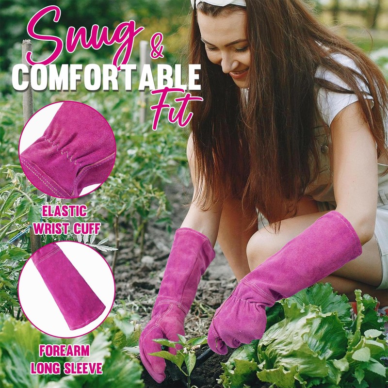 HANDLANDY Ladies Leather Gardening Gloves, Thorn Proof Long Gauntlet Garden