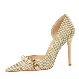 qibusleen Women's Elegant Pearl Closed Toe Stiletto Heels, Bridal Dressy Pointed Toe Pumps Shoes with Cute Metal Chain & Plaid Fabric, Wedding Party Prom High Heels for Women, beige, 38 EU