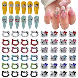 VCEOW 48pcs Kitty Nail Art Charms Kawaii Silver Alloy Nail Charms Cute 3D Bling Cat Nail Gems DIY Design Accessories for Girls and Women