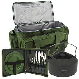 DNA NGT Carp Fishing Camping Green Insulated Carryall with Cutlery Set and Plate & 1.1L Aluminium Kettle