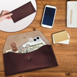 Succor Genuine Leather Money Cash Envelopes-Pencil Pouch-Money Holder-Budget Envelope-Minimalist Design-Retro Clutch-Cash Utility-for Men and Women (Maroon)