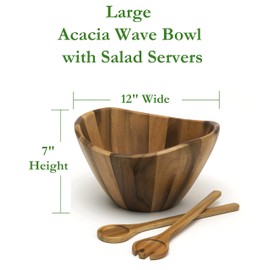 Lipper International Acacia Large Wave Bowl with Servers, 162.31 fl.oz.,Brown
