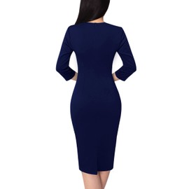 VFSHOW Womens Navy Blue Geometric Chevron Print Notch V Neck Bow Waist Work Office Business Bodycon Pencil Sheath Dress 9538 BLU L