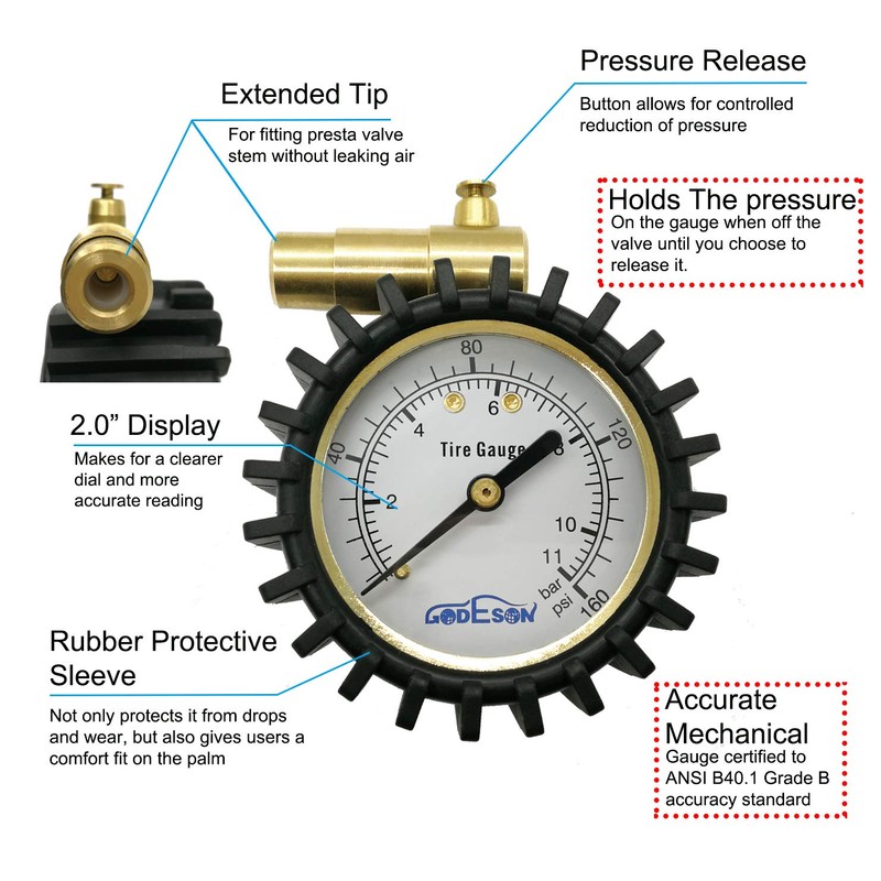 GODESON Presta Valve Tire Pressure Gauge 0-160 PSI/11 Bar