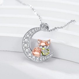 LONAGO Fox Moon Pendant Necklace Peridot Birthstone Fox Necklace Jewelry Gift for Women (August)