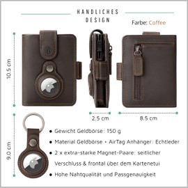 Will Fire® AirTag Wallet mit Photokapsel | Inkl. Airtag Anhänger | Echtleder Geldbörse mit Münz- & Scheinfach | Extra gesichertes RFID Kartenetui | Platz für bis zu (12) Karten | [Coffee]