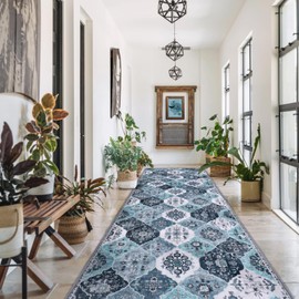 FLYRUGGO 2x10 Runner Rug, Washable Boho Moroccan Trellis Rugs for Hallway, Non Slip Ultra Soft Carpet for Bedroom Kitchen Laudary Room Entryway - Blue