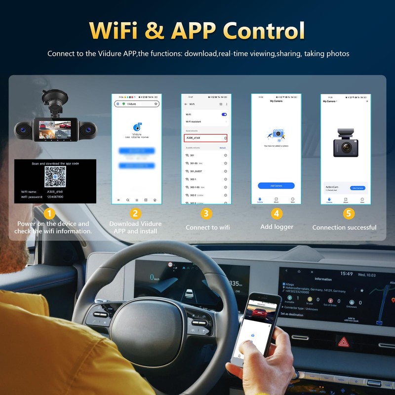 WiFi 360° Dash Cam Front and Rear Inside,4 Channel 3"