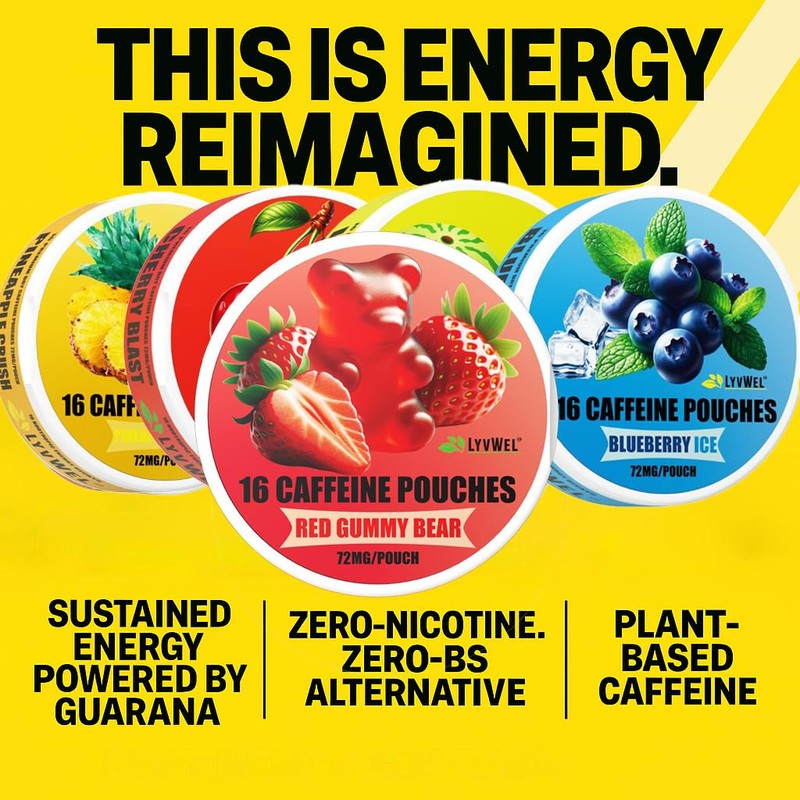 LyvWel 72mg Caffeine Energy Pouches – Cherry Blast, Blueberry Ice,