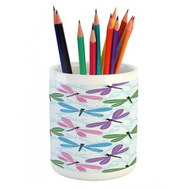 Ambesonne Dragonfly Pencil Pen Holder, Colorful Design Flying Insects Wavy Ornaments on Chevrons Pattern, Ceramic Pencil Holder for Desk Office Accessory, 3.6" X 3.2", Pale Blue Multicolor