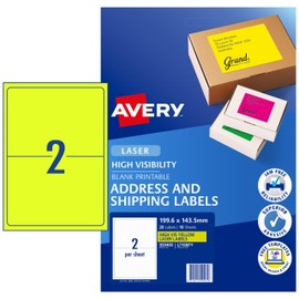 Avery Fluoro Yellow High Visibility A4 Shipping Labels for Laser Printers - Packaging Labels for Businesses - Mailing Stickers - 199.6 x 143.5 mm, 20 Labels / 10 Sheets (959405 / L7168FY)