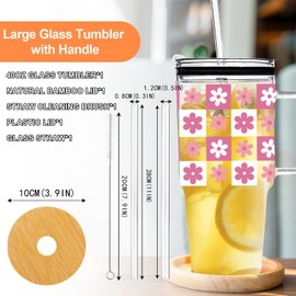 ONEHAUS Glass Tumbler with 2 Lids and 2 Straws, Cute 40oz Glass Cup with Handle for Women, Iced Drinking Glasses for Coffee Water Beer, Fits In Cup Holder