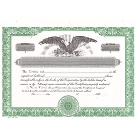 HUBCO Corporate Stock Certificates, Blank, Green, Pack of 15