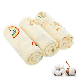 Kaisibum Muslin Cloths for Babies, Pack of 3 Muslin Nappies, Burp Cloths 75 x 75 cm, Pure Cotton, Absorbent and Breathable, Ideal for Cleaning, Wiping and Covering Newborns