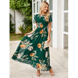 Simplee Womens Spring Floral Maxi Wedding Guest Dress Bohemian Short Sleeve Loose Sundress Lightweight Flowy Prom Vacation Dress(Dark Green L)