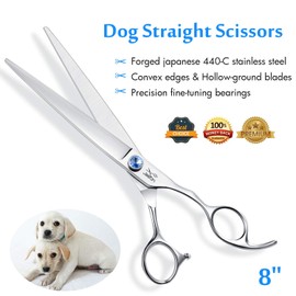 JASON 8" Straight Dog Grooming Scissors Long Pets Grooming Shears Premium Cats Trimming Kit with Offset Handle and a Jewelled Screw Sharp Comfortable