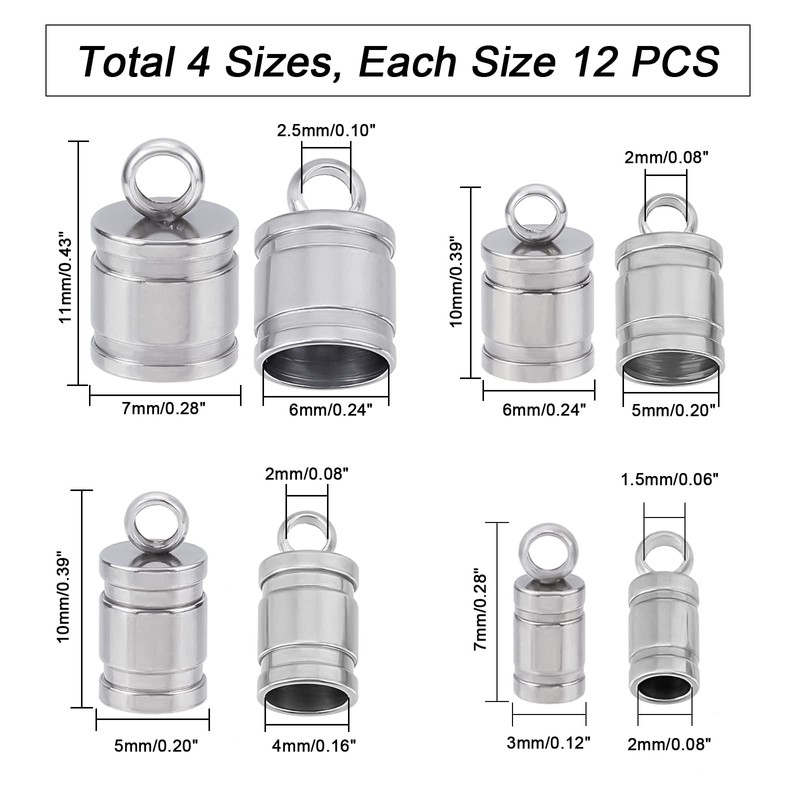 UNICRAFTALE 48 Pieces 4 Sizes Column Cord Ends 201 Stainless