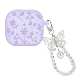 CameCosy for AirPods 4th Generation Case (2024) with Butterfly Bracelet Keychain, Unique Flower Engraved Design Soft Shockproof Protective Cover Case for AirPods 4 Women Girls (Purple)