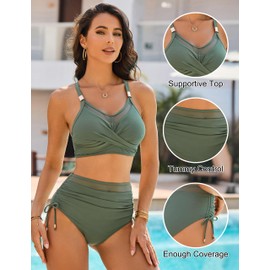 Blooming Jelly Women High Waisted Bikini Sets Tummy Control Bathing Suit Metal Two Piece Swimsuits (L, Army Green)