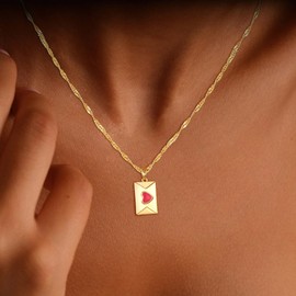 DIFOMI Gold Heart Necklace for Women, Dainty 14K Gold Plated Pink Heart Pendant Necklace Trendy Singapore Twist Chain for Women Minimalist Jewelry Gift