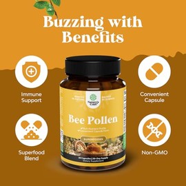 Píldoras de Polen de Abeja para el Crecimiento de Senos 60 Unidades - Suplemento de Polen de Abeja Porción de 1000mg con Vitaminas B, Minerales y Enzi