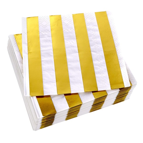 Gold Napkins for Wedding Reception - (36 Piece) Absorbent Paper Napkins for Party, 5” x 5” 3-ply Cocktail Napkins for Birthday, Baby Shower, Bars, Graduation & Engagement - Stripe Design