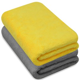 Towelogy® Microfibre Cleaning Cloths Grey 420GSM Large Thick Ultra Absorbent Multipurpose For Dusting Polishing Washing 40x40cm (Pack Of 2, Grey & Yellow)