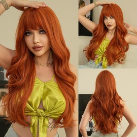 KAMIMASU Fashion Glueless Copper Red Long Natural Wavy Auburn Hair Full Machine Made No Lace Synthetic Wig with Air Bangs Orange Wigs for Women, Drag Queen Cosplay 28 Inches