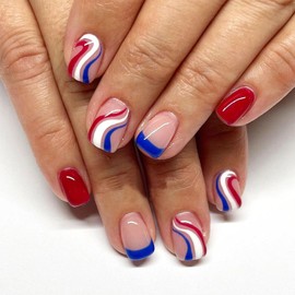 4th of July Press on Nails Medium Square Fake Nails with Red Blue Curve Designs Independence Day Glue on Nails Press ons Cute Acrylic Nails Artificial Stick on Nails for Women and 24 Pcs