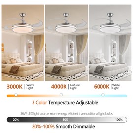 41.7'' Retractable Ceiling Fan with Lights, Modern Ceiling Fan with Remote, Black Fan Light with 6 Wind Speed and Invisible Blades for Kitchen, Dining Room (Pink-2, 41.7'' * 17.7'')