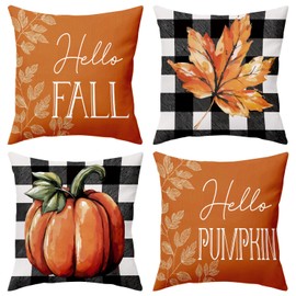 BBOLDIN Fall Throw Pillow Covers 18x18 Couch Cushion Covers, Thanksgiving Pumpkin Leaves Decorations for Sofa Home Porch, Orange Plaid Farmhouse Pillow Cases Autumn Decor Set of 4