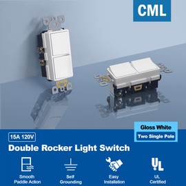 CML Double Rocker Decorator Light Switch, Two Single Pole Electrical Paddle Wall Switches, 15A 120V, Self-grounding On/Off Interrupter, UL Listed, 5 Pack, White