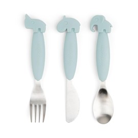 Done by Deer Easy-Grip Cutlery Set Deer Friends Blue - Anti-Slip Handles, Soft Silicone, Stainless Steel, Spoon, Fork, and Knife - Perfect for Independent Toddlers Learning to Self-Feed
