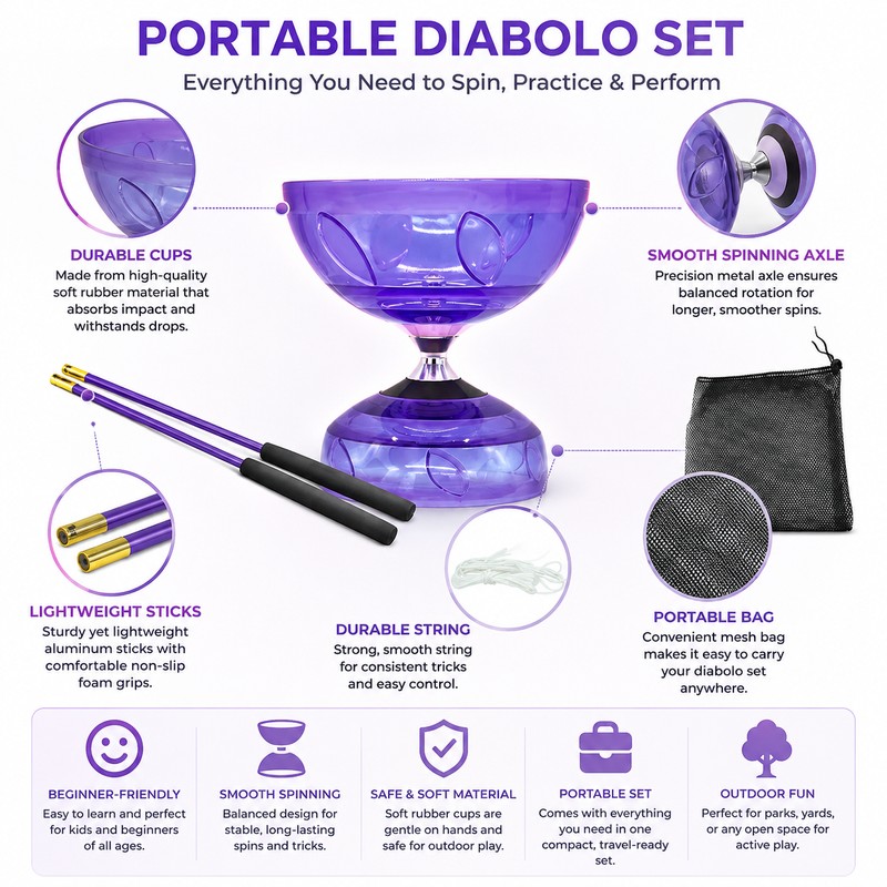 Portable Diabolo Set for Outdoor Play – Beginner-Friendly Soft Rubber
