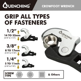 QUENCHING 3-Pcs Spring Loaded Auto-Adjusting Crowfoot Wrench Set, Covers Sizes 5 to 32mm (1/2", 3/8", 1/4") - Adjustable Wrench for Automotive Repair Work with Power Grip, Male & Female Square Drives