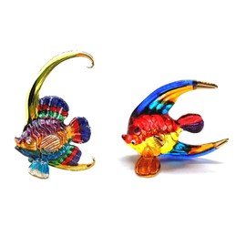 (Bundle of 2) Multicolor 2" Glass Angelfish and 3" Bannerfish Figurines, Hand-Painted, Gold Accents